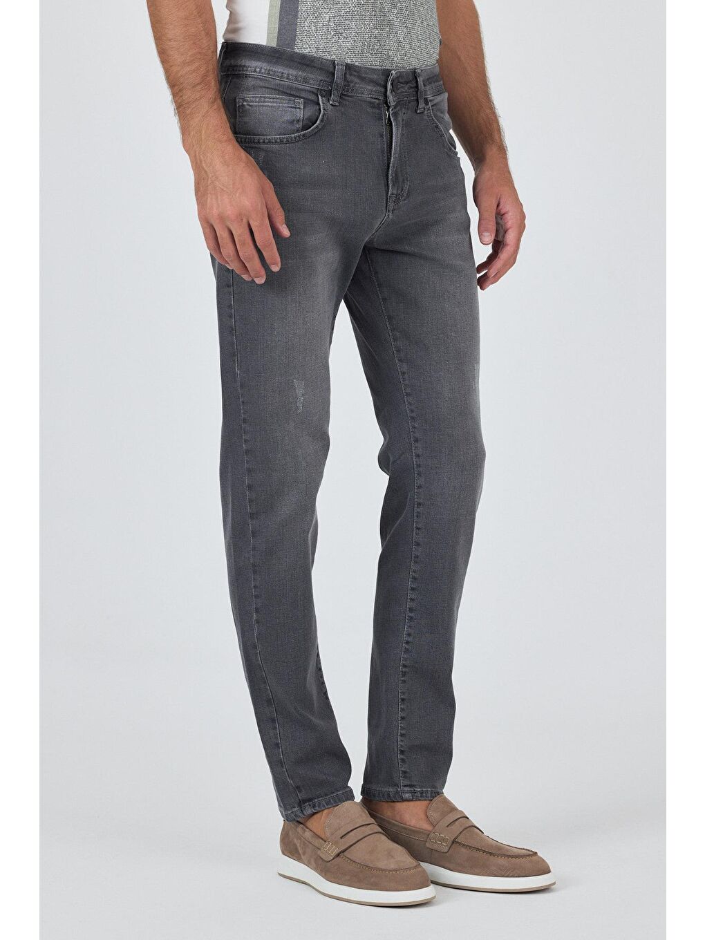 Gri Gabardin 5 Cep Düz Paça Casual Slim Fit Pamuklu Denim Pantolon 1023250150-2