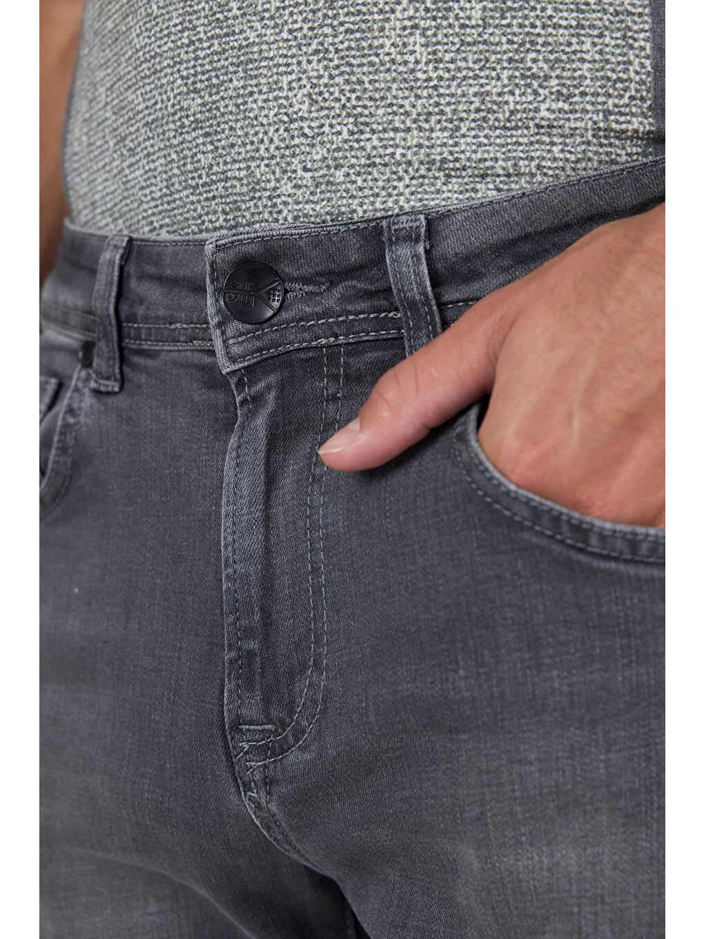 Gri Gabardin 5 Cep Düz Paça Casual Slim Fit Pamuklu Denim Pantolon 1023250150-3