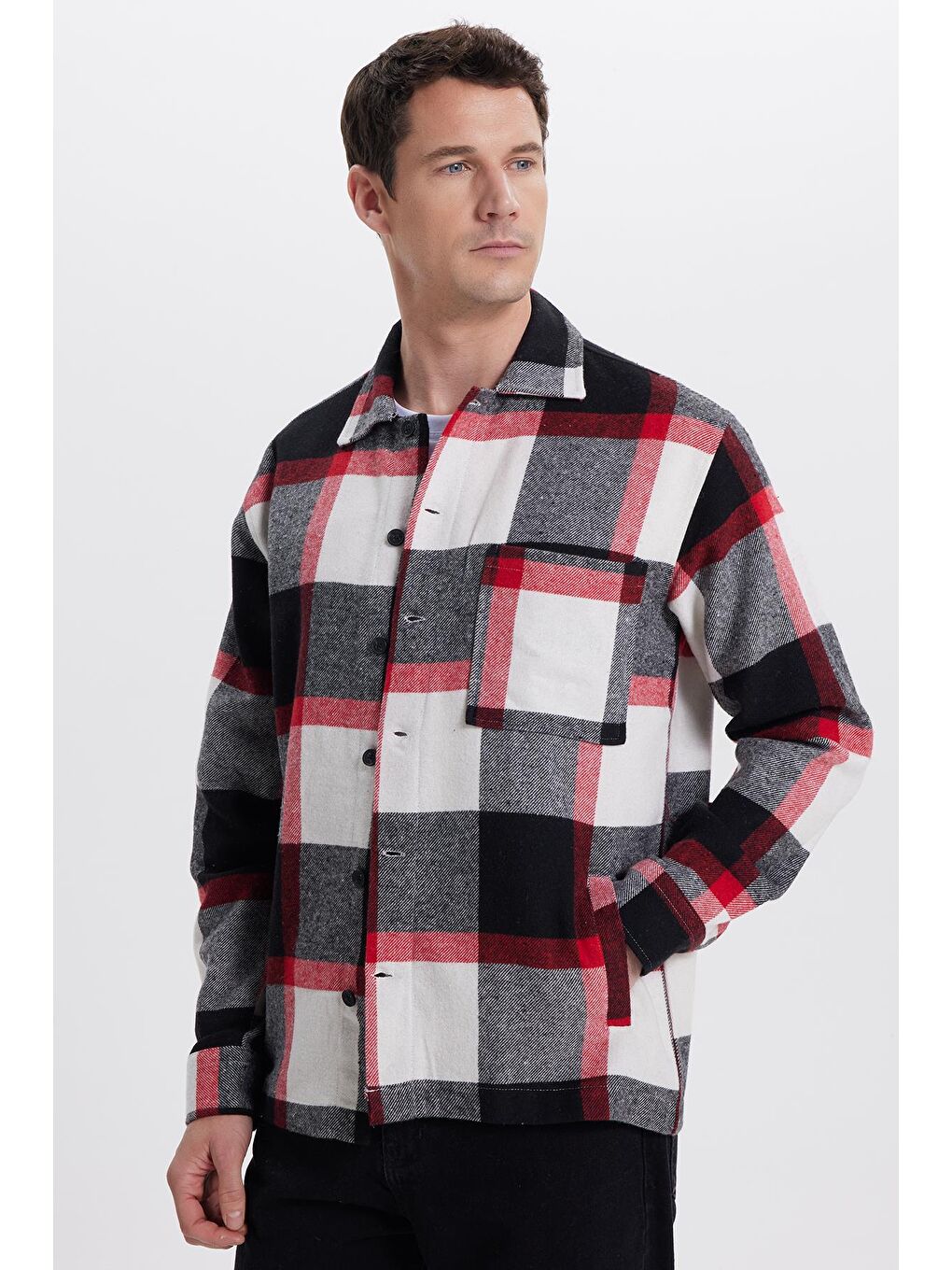 Karışık Erkek Relax Fit Rahat Kesim Spor Yaka Kareli Flotalı Cep Kışlık Gömlek-5