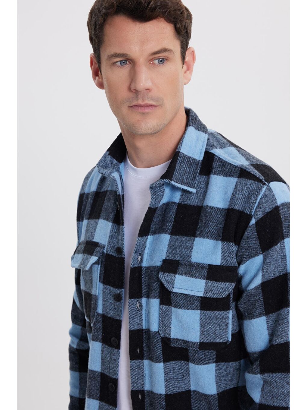 Karışık Erkek Slim Fit Dar Kesim Uzun Kollu Kapaklı Çift Cepli Kareli Kışlık Oduncu Gömlek-1