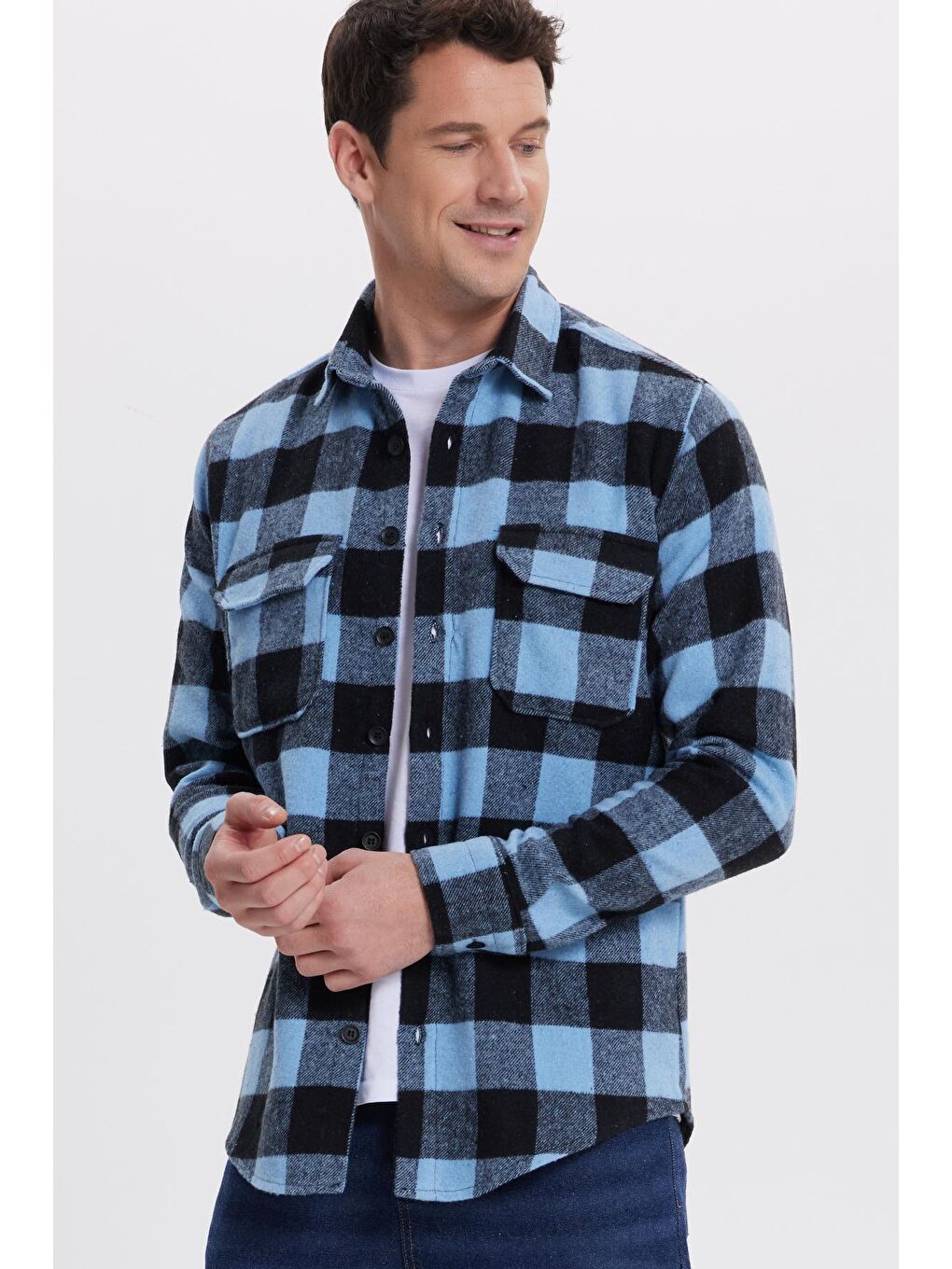 Karışık Erkek Slim Fit Dar Kesim Uzun Kollu Kapaklı Çift Cepli Kareli Kışlık Oduncu Gömlek-3
