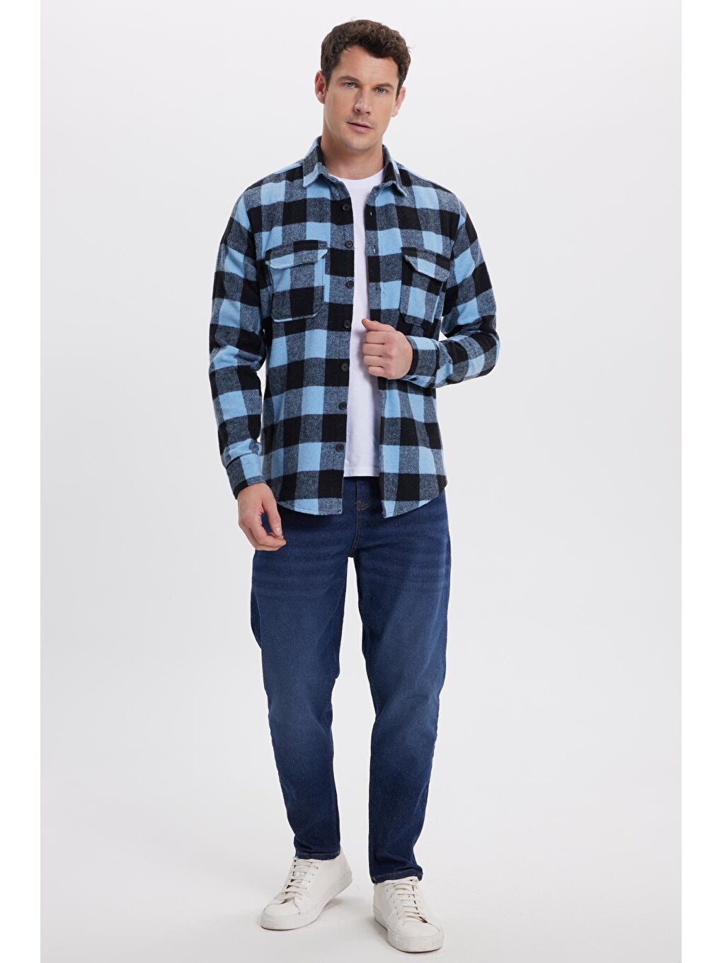 Karışık Erkek Slim Fit Dar Kesim Uzun Kollu Kapaklı Çift Cepli Kareli Kışlık Oduncu Gömlek-4