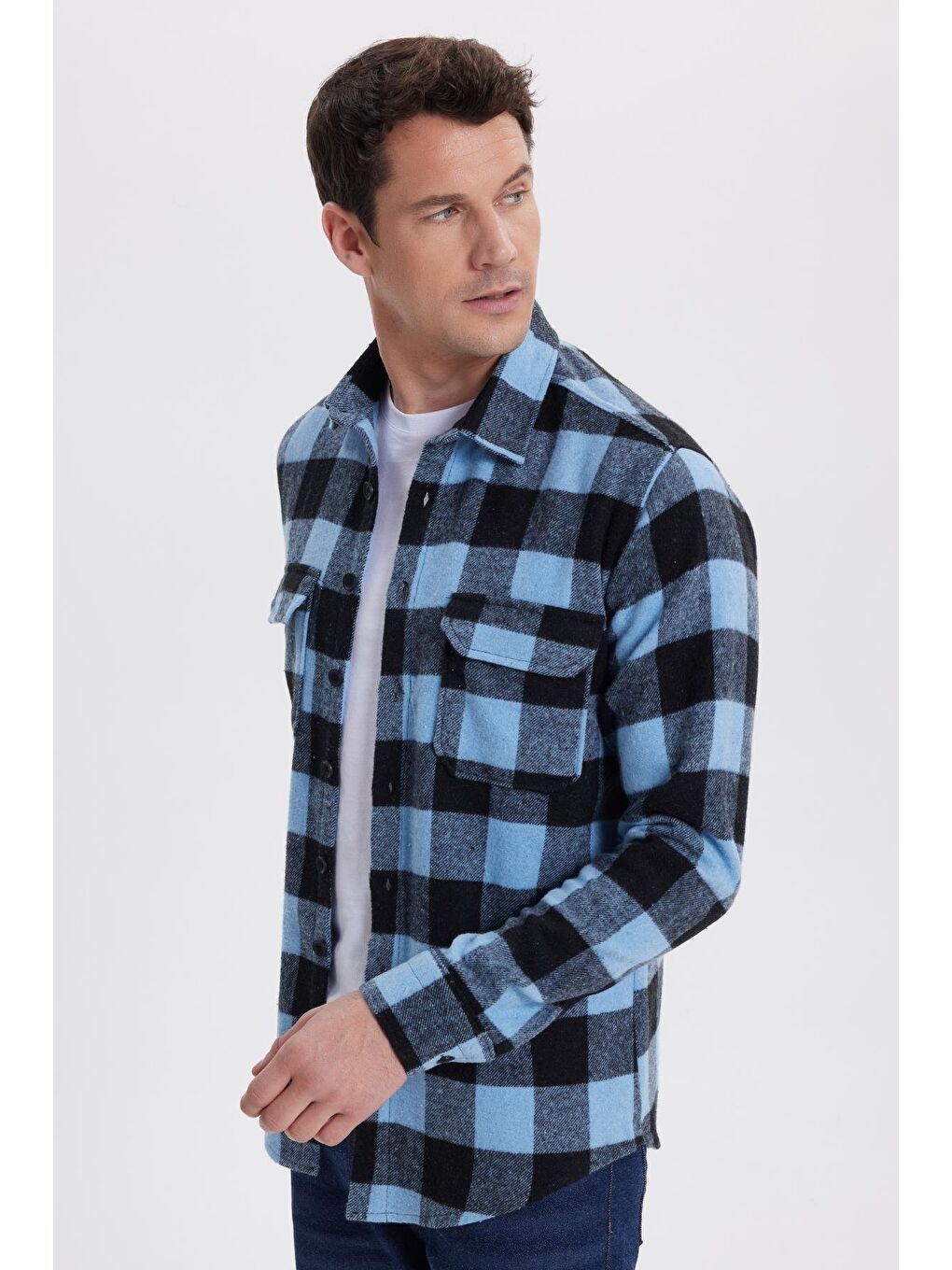 Karışık Erkek Slim Fit Dar Kesim Uzun Kollu Kapaklı Çift Cepli Kareli Kışlık Oduncu Gömlek-5