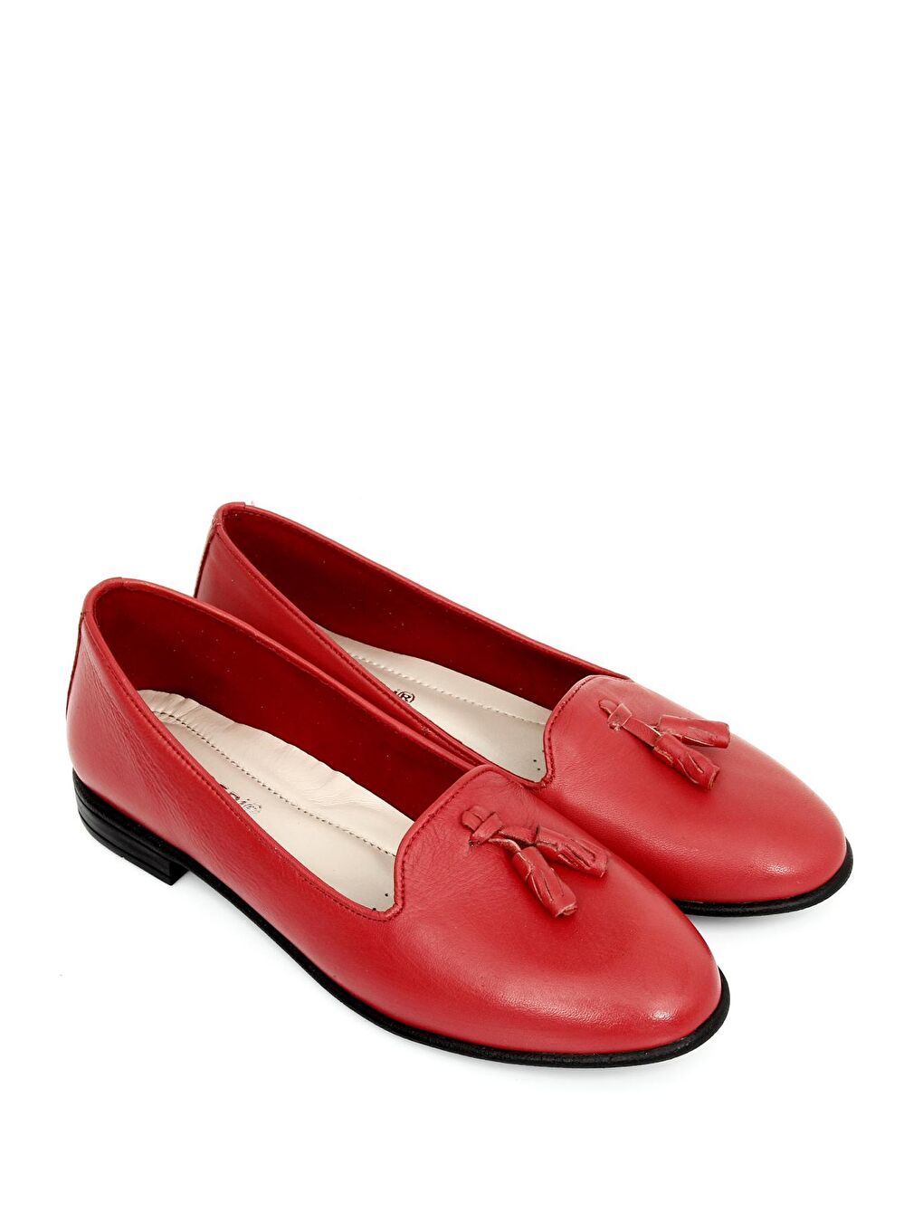 Kırmızı Hakiki Deri Yuvarlak Burun Düz Taban Püsküllü Kadın Babet 24160-1