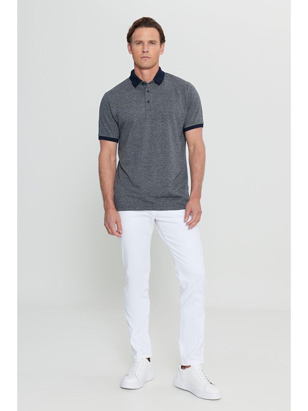 Erkek Lacivert Pamuklu Comfort Fit Rahat Kesim Polo Yaka Jakarlı Tişört-1