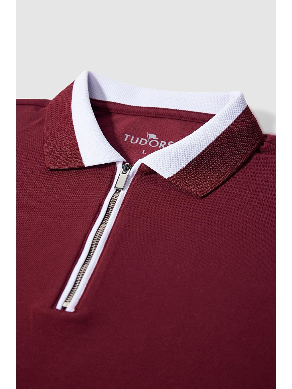 TUDORS Bordo Erkek Slim Fit Dar Kesim %100 Pamuk Düz Pike Fermuarlı Bordo Polo Yaka Tişört - 1