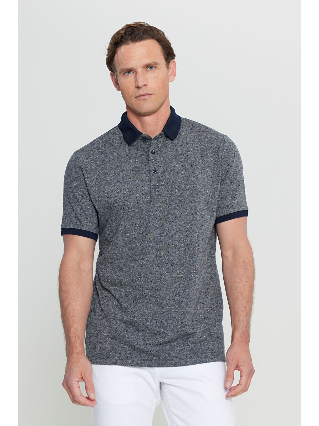 Erkek Lacivert Pamuklu Comfort Fit Rahat Kesim Polo Yaka Jakarlı Tişört-2