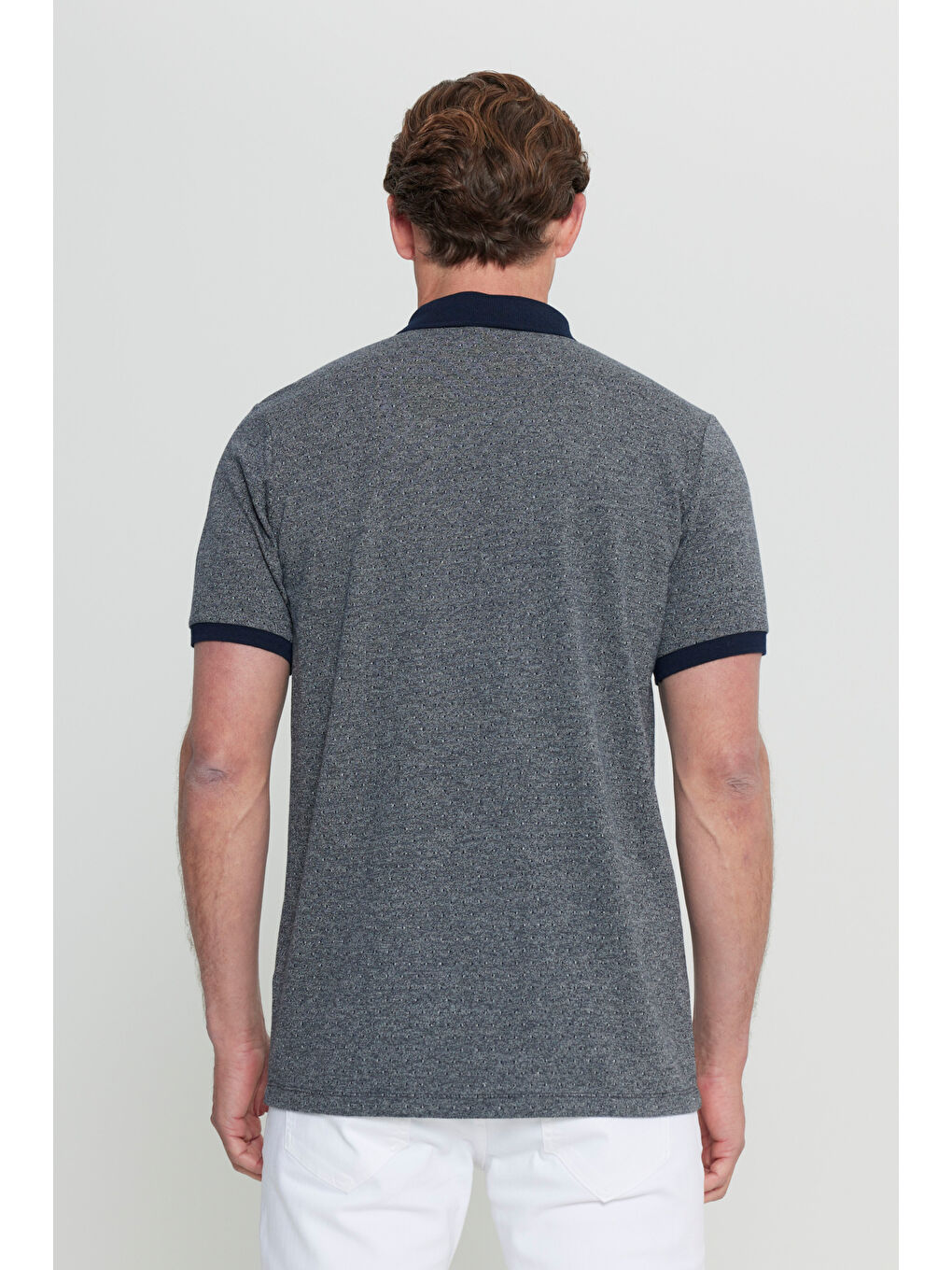 Erkek Lacivert Pamuklu Comfort Fit Rahat Kesim Polo Yaka Jakarlı Tişört-4