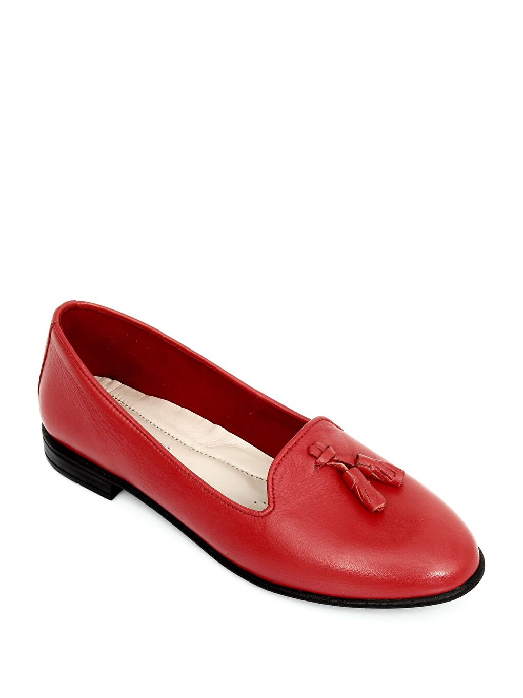 Kırmızı Hakiki Deri Yuvarlak Burun Düz Taban Püsküllü Kadın Babet 24160-4