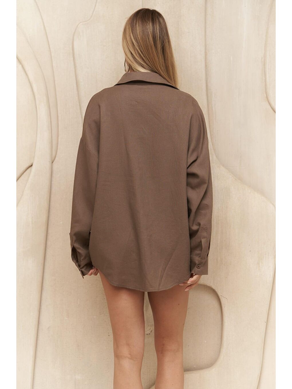 Kahverengi Charlotte Kahve Oversize Keten Gömlek-3