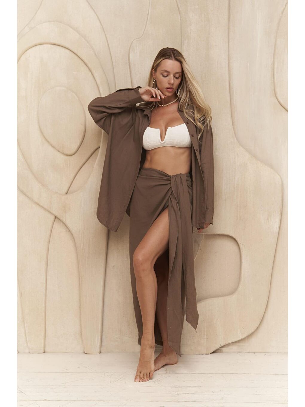 Kahverengi Charlotte Kahve Oversize Keten Gömlek-6