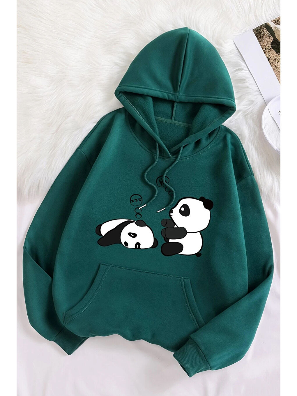 uyguntarz Yeşil Unisex Panda Baskılı Oversize Hoodie