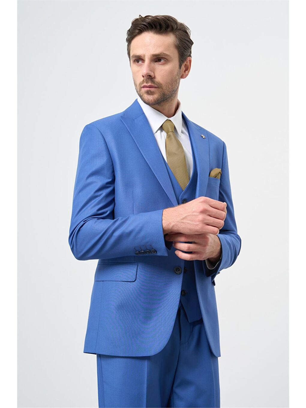 İMZA Mavi Saks Kırlangıç Yaka Astarlı Yelekli 6 Drop Slim Fit Dar Kesim Klasik Takım 1001230906