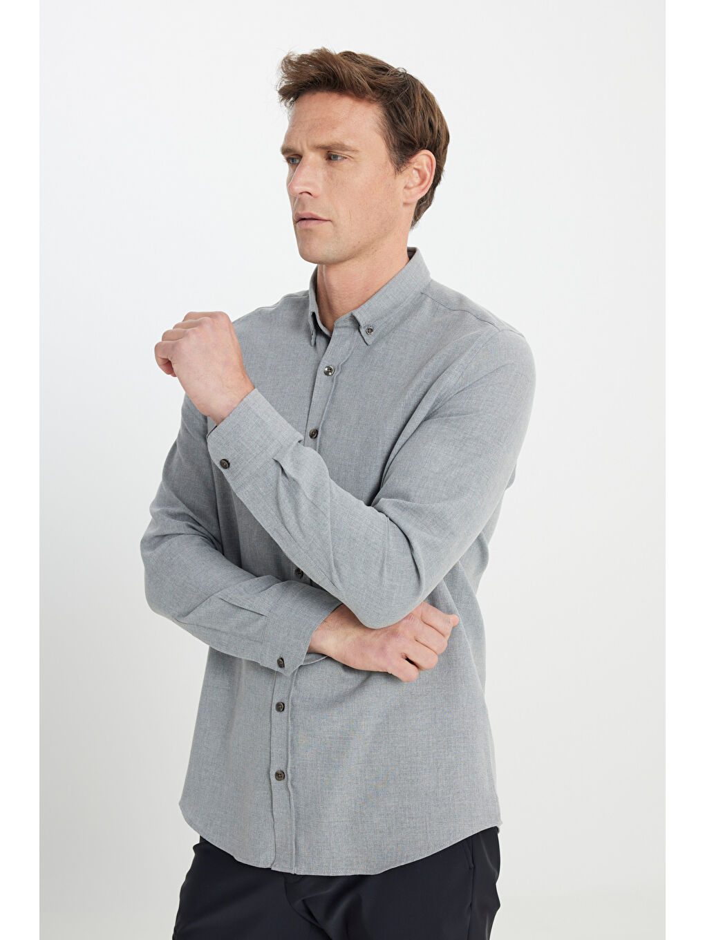 Erkek Açık Gri Pamuklu Flanel Slim Fit Dar Kesim Düğmeli Yaka Gömlek-3