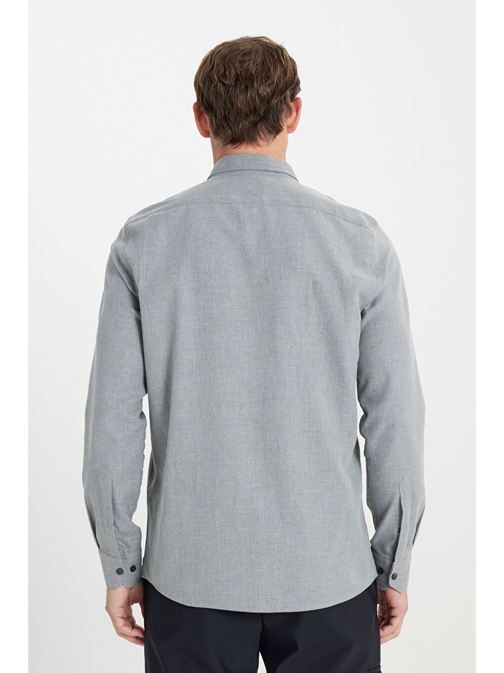 Erkek Açık Gri Pamuklu Flanel Slim Fit Dar Kesim Düğmeli Yaka Gömlek-4