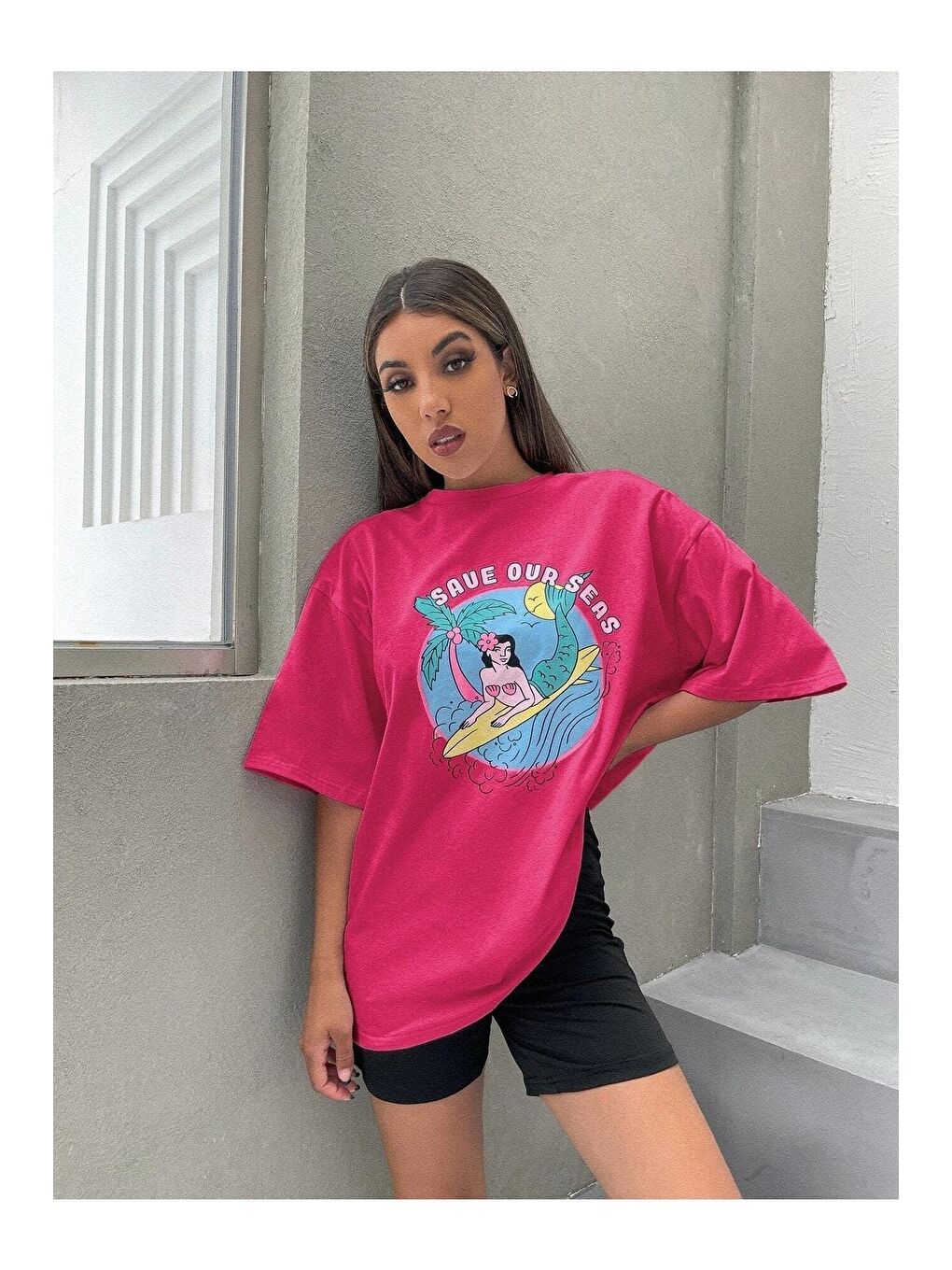 Trendseninle Pembe Kadın Fuşya Pembe Deniz Kızı Baskılı Oversize Tişört