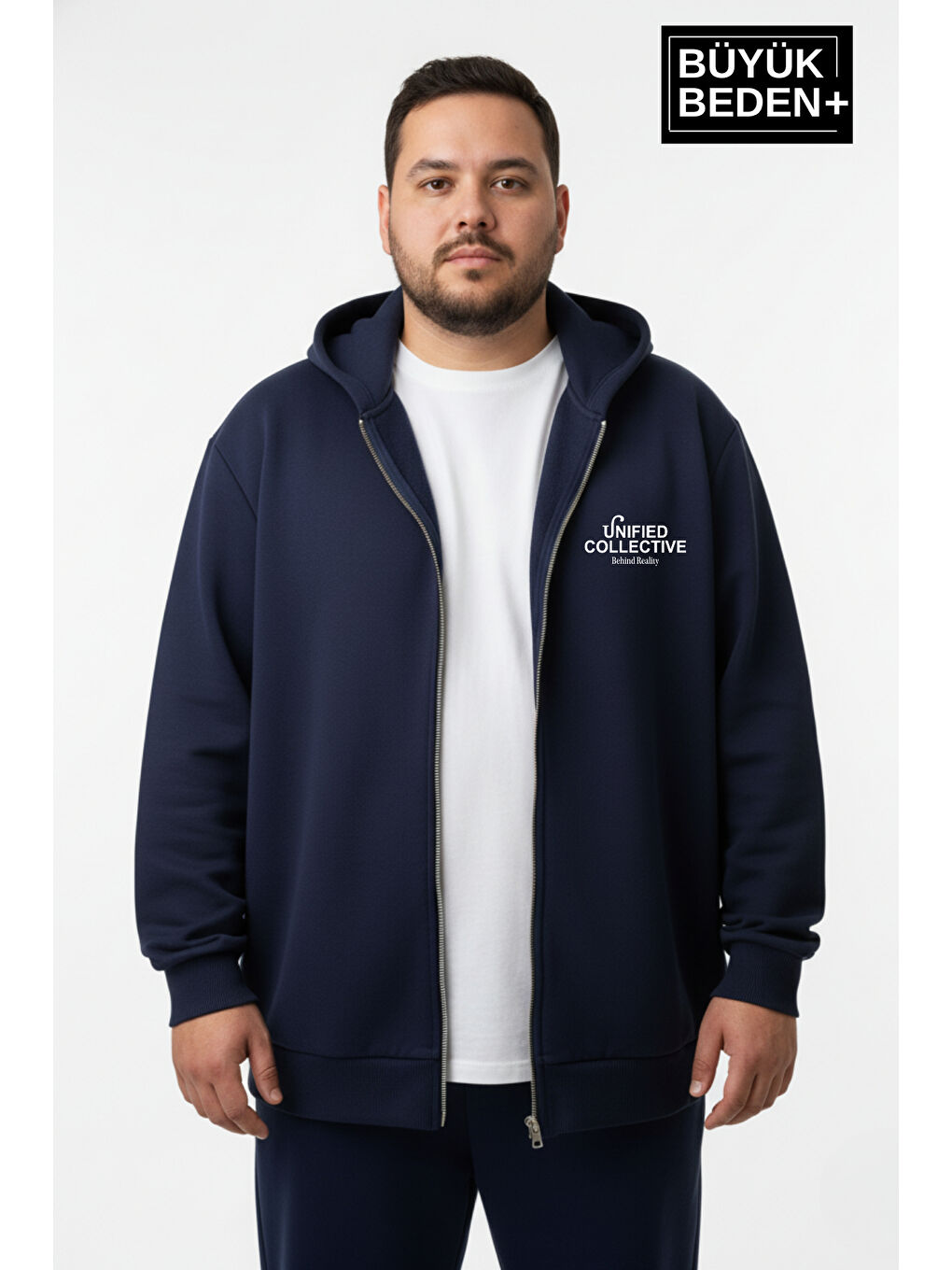 Lacivert Erkek Büyük Beden Fermuarlı Kapüşonlu Unified Baskılı ince Sweatshirt Hırka SPR26BHR924