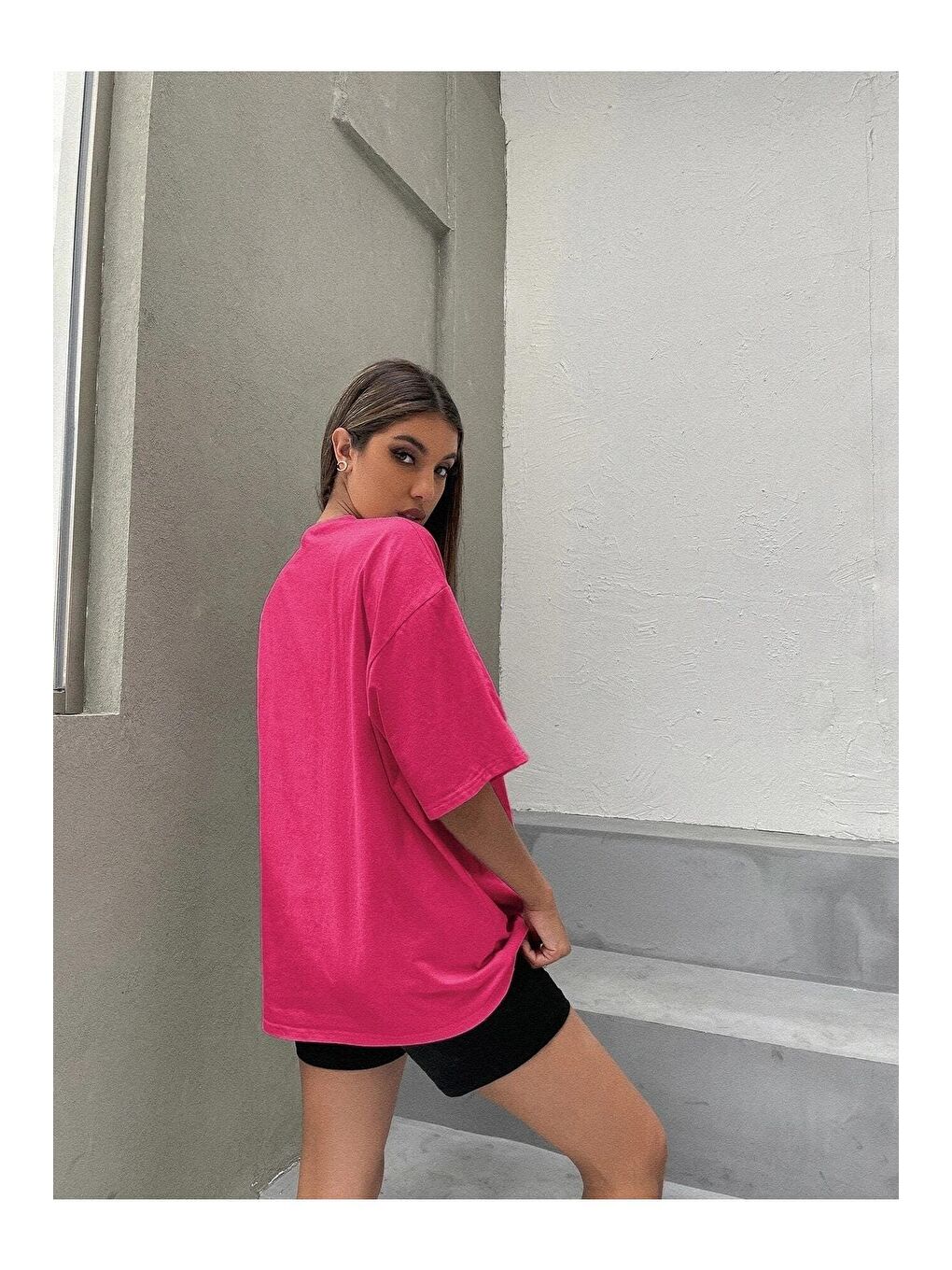 Trendseninle Pembe Kadın Fuşya Pembe Deniz Kızı Baskılı Oversize Tişört - 2