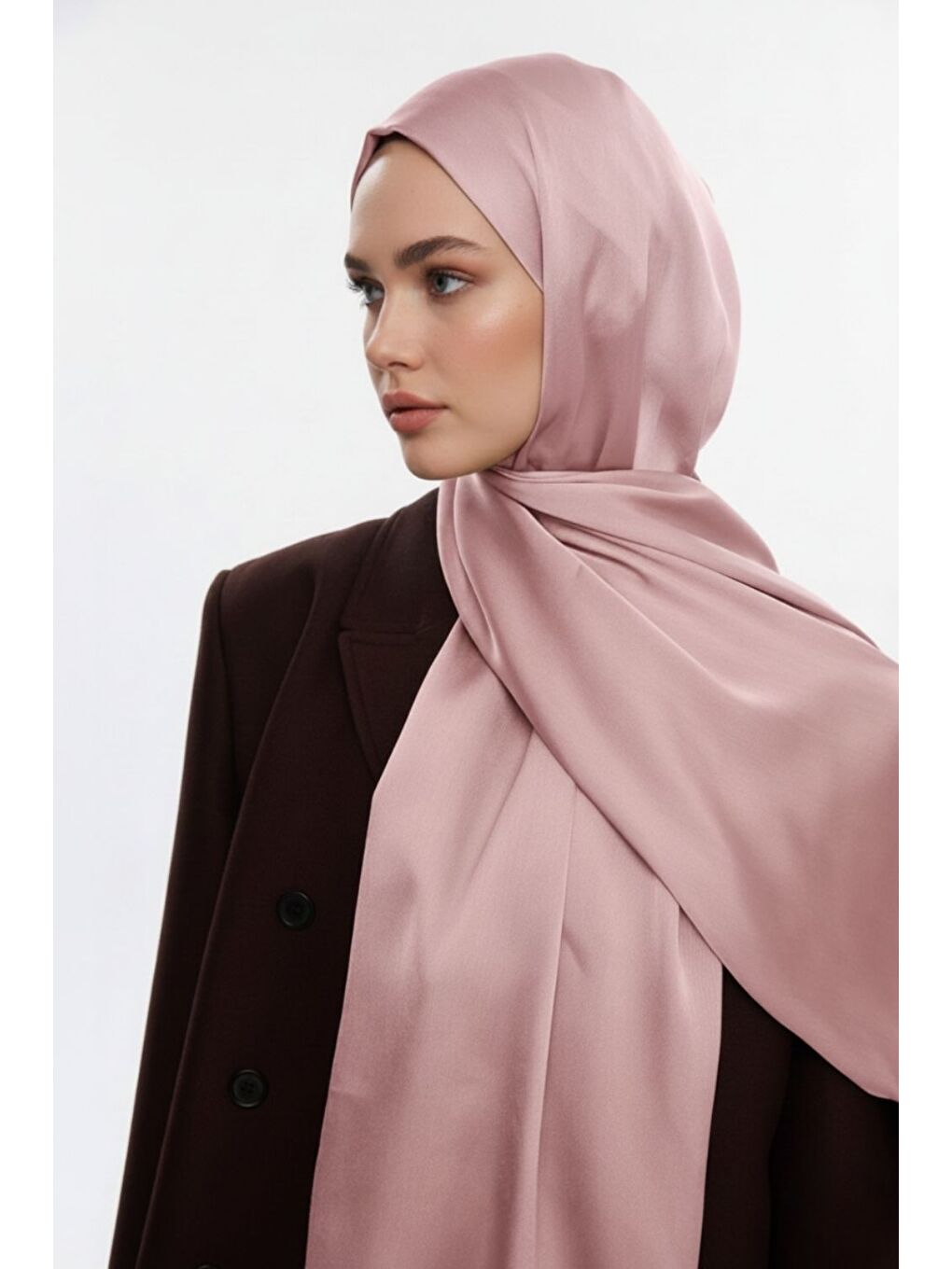 & YAQA Özel Saten Dokulu Pudra Pembe Şal