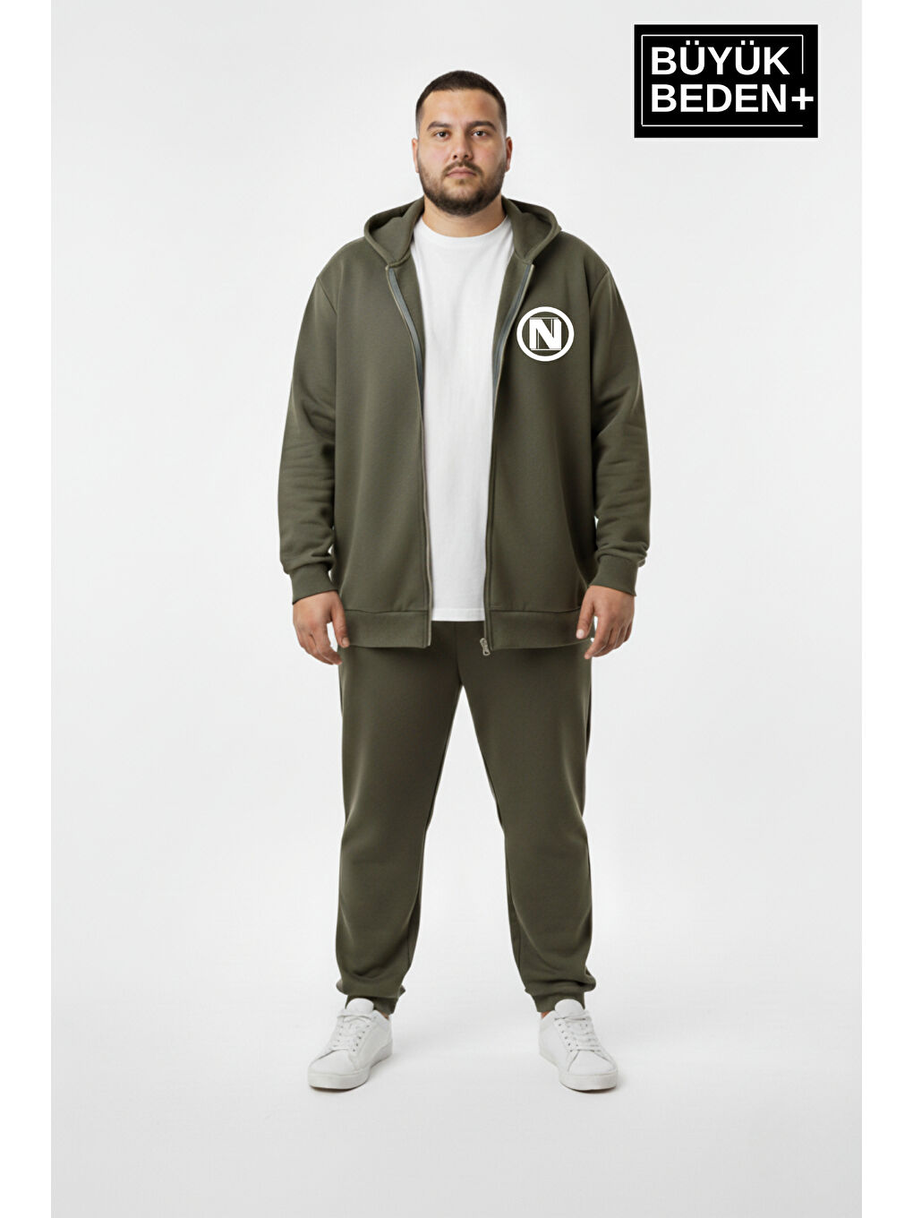 Haki Erkek Büyük Beden Kapüşonlu Fermuarlı N Baskılı ince Sweatshirt Hırka SPR26BHR922