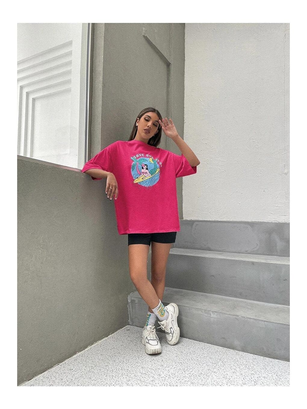 Trendseninle Pembe Kadın Fuşya Pembe Deniz Kızı Baskılı Oversize Tişört - 3