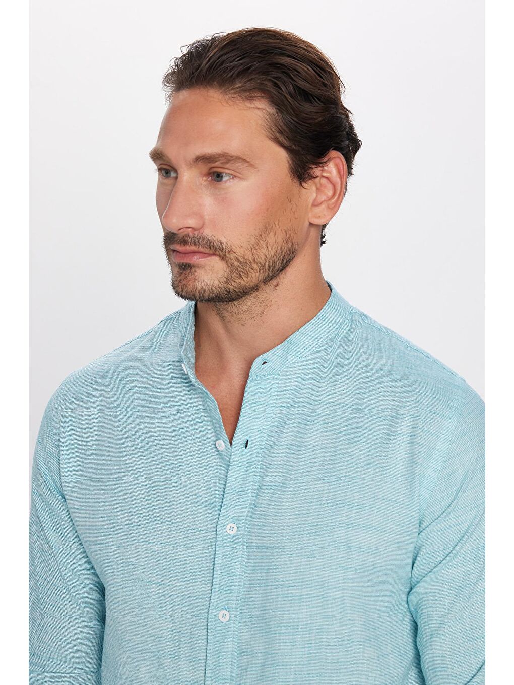 Yeşil Erkek Slim Fit Dar Kesim Uzun Kollu %100 Pamuk Keten Doku Hakim Yaka Mint Gömlek