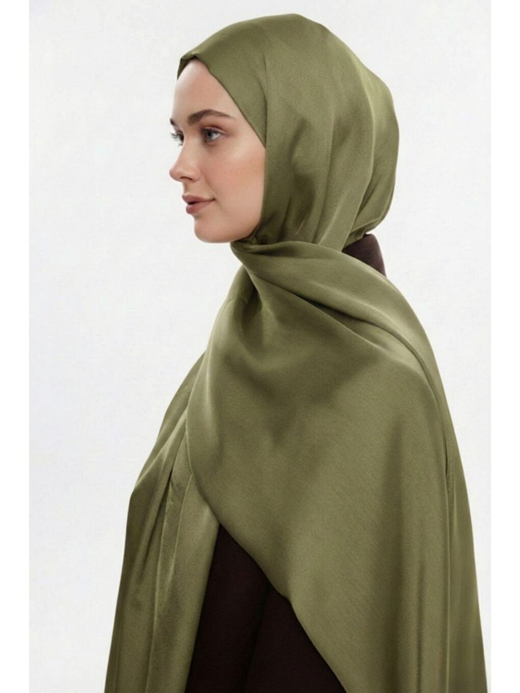 & YAQA Özel Saten Dokulu Haki Yeşil Şal-1