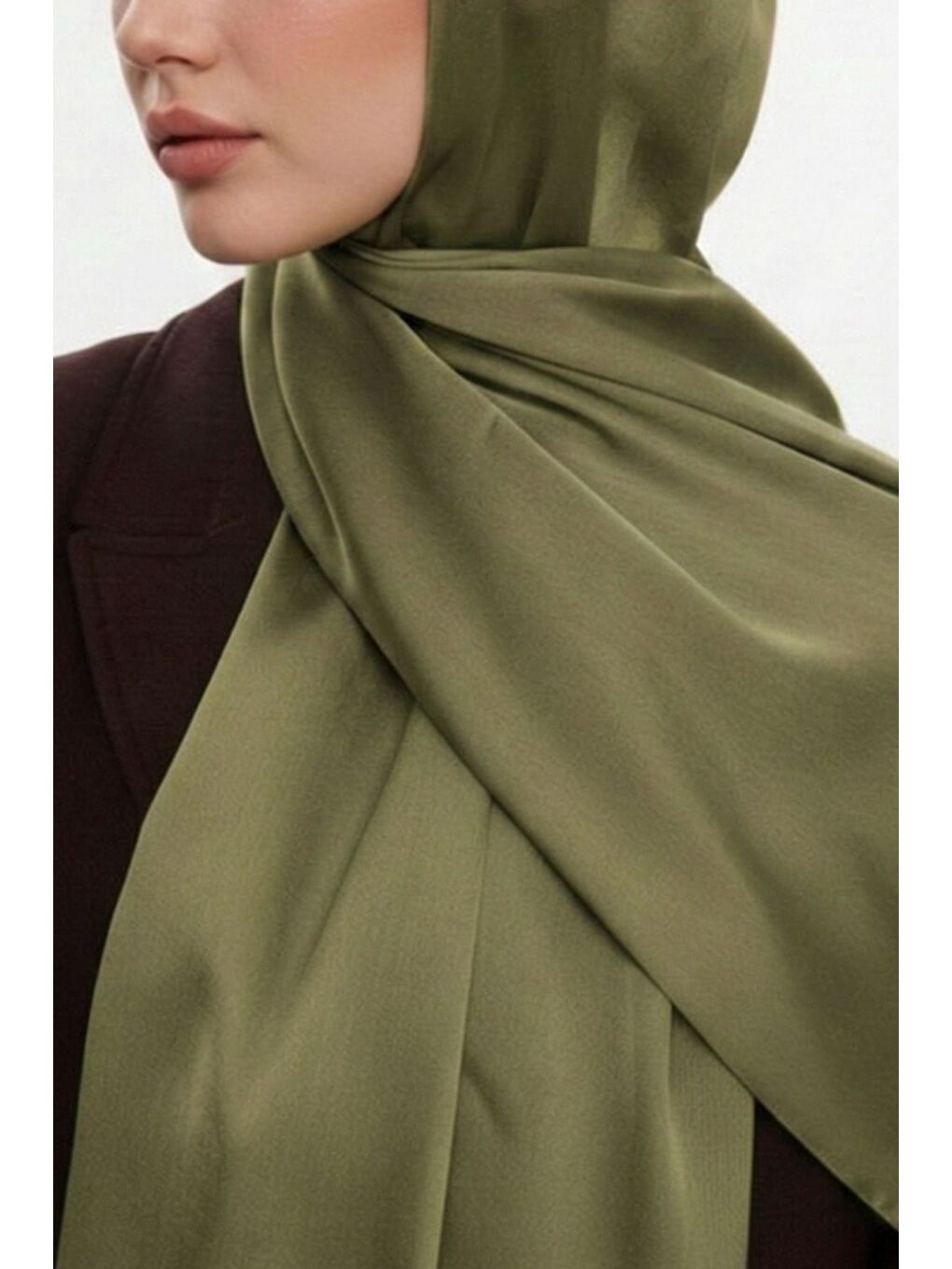 & YAQA Özel Saten Dokulu Haki Yeşil Şal-2