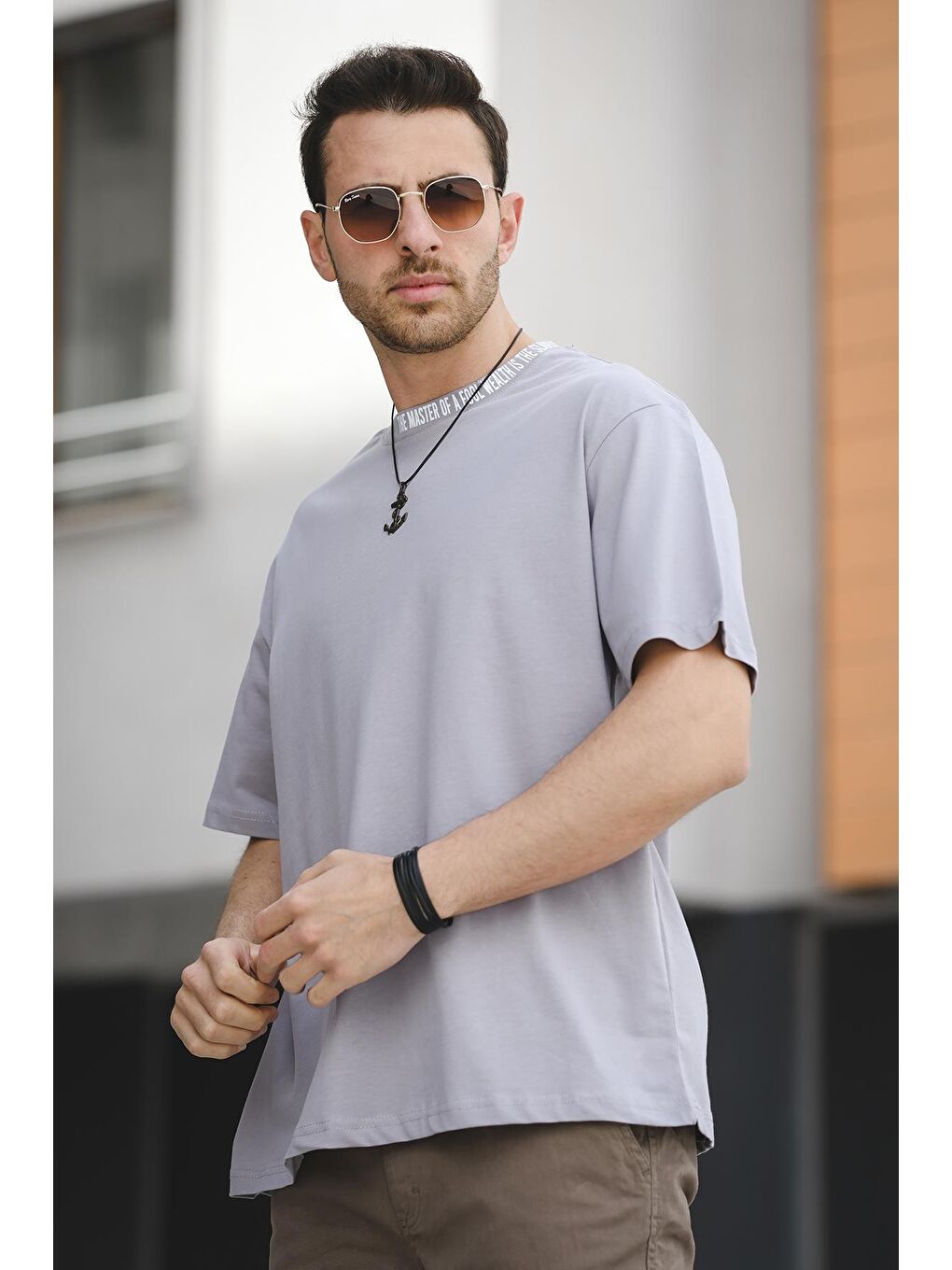Gri Yakası Baskılı Bisiklet Yaka  Erkek Tişört-1