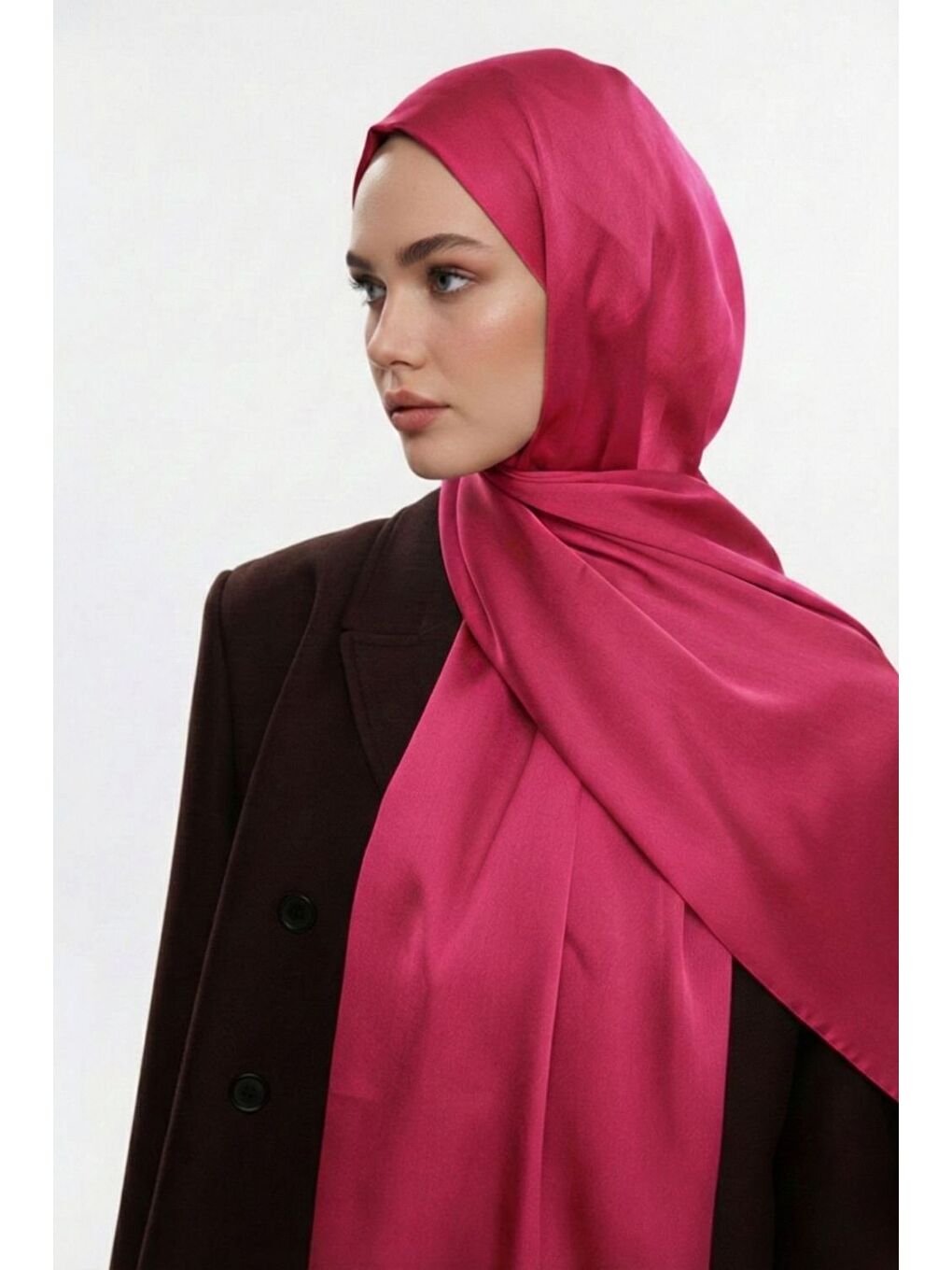 & YAQA Özel Saten Dokulu Fuşya Şal