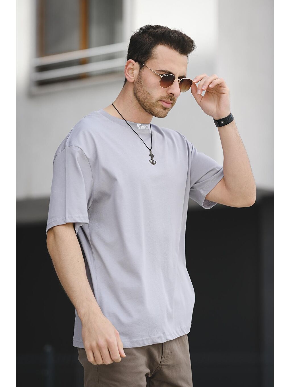 Gri Yakası Baskılı Bisiklet Yaka  Erkek Tişört-2