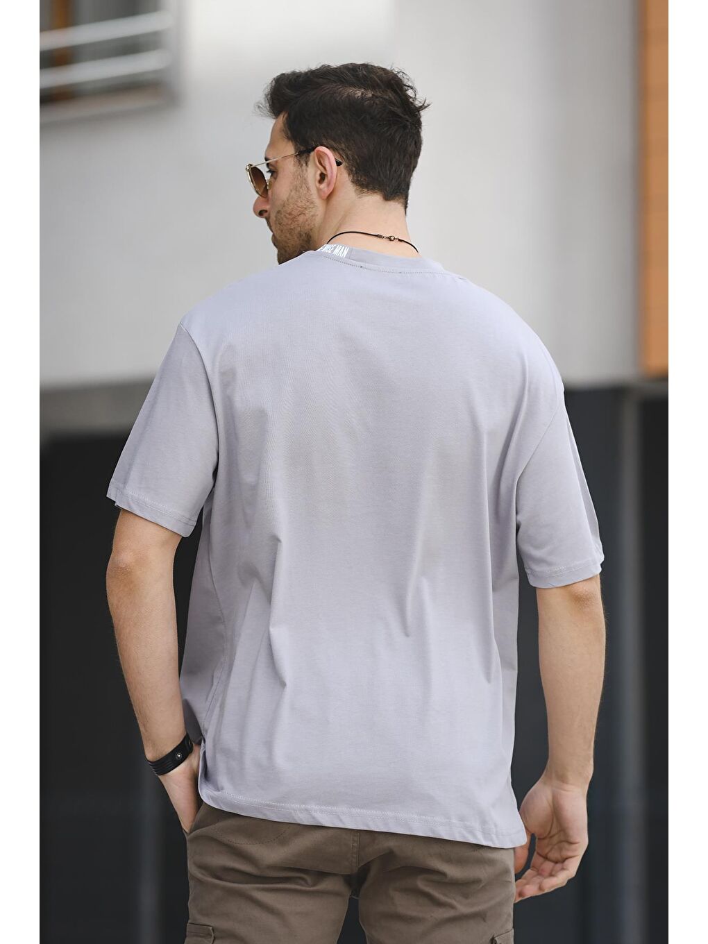 Gri Yakası Baskılı Bisiklet Yaka  Erkek Tişört-3