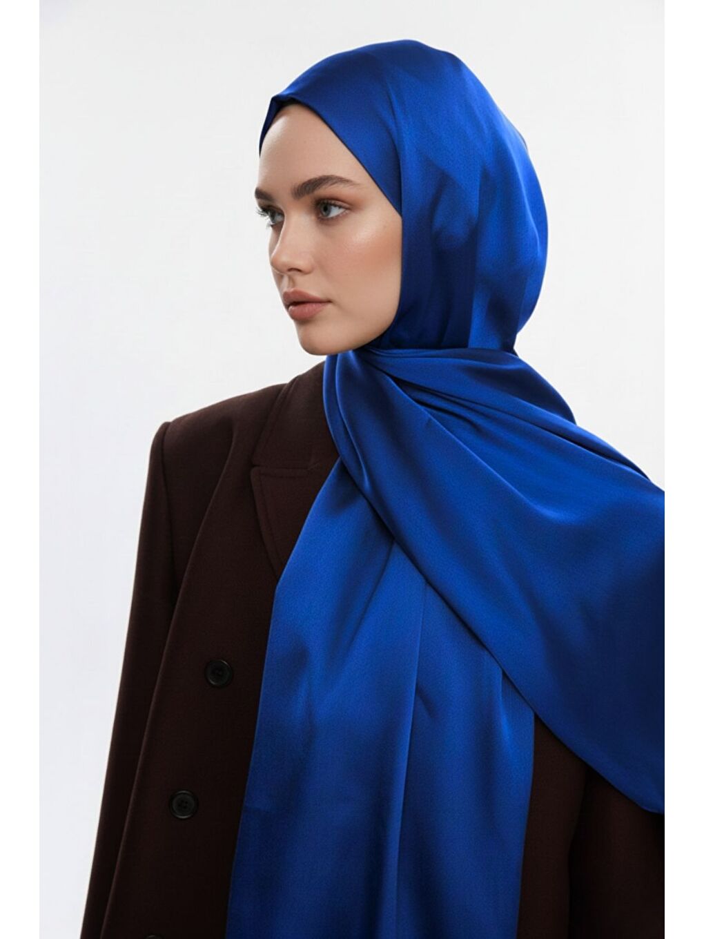 & YAQA Özel Saten Dokulu Saks Mavi Şal