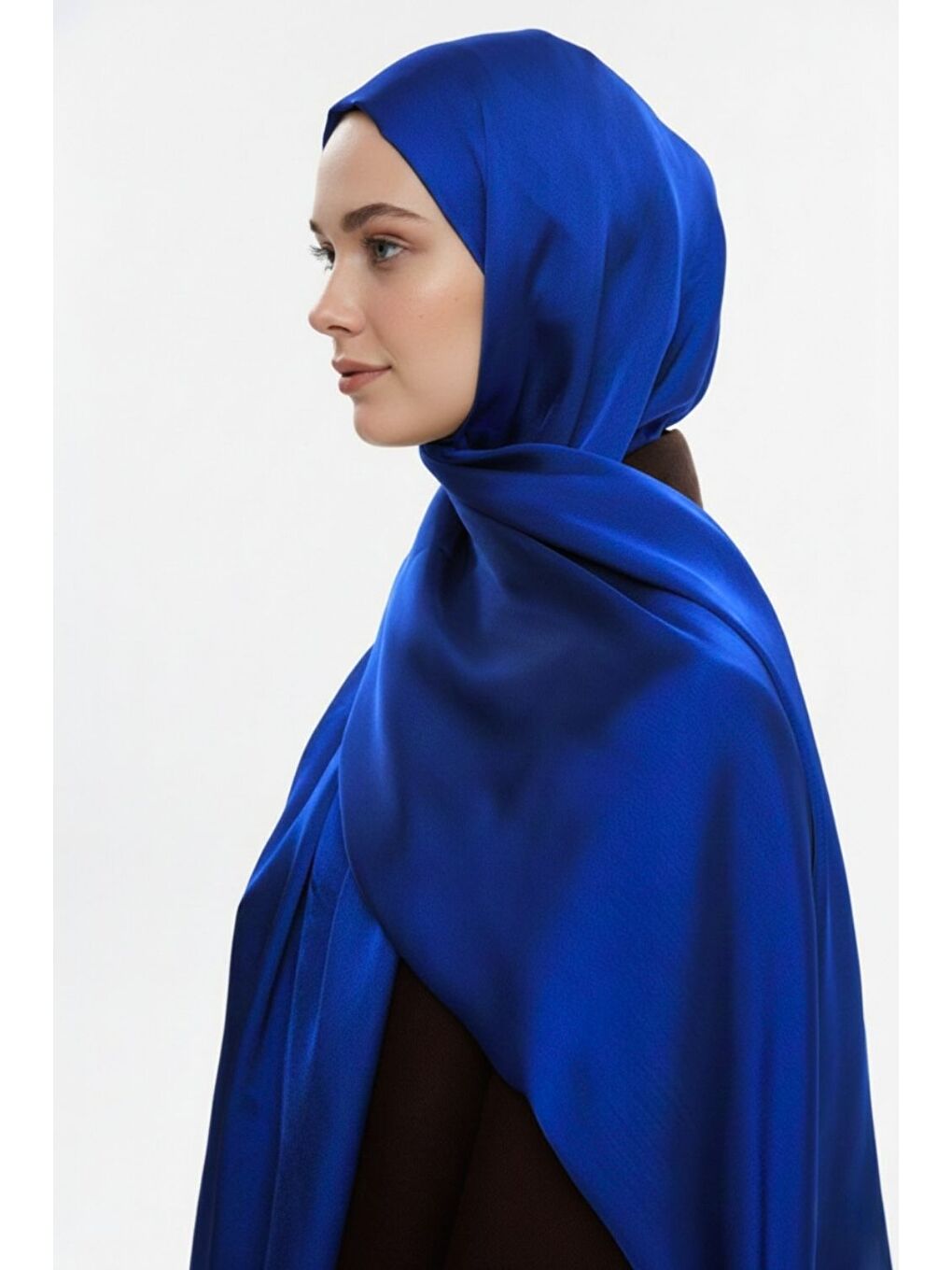 & YAQA Özel Saten Dokulu Saks Mavi Şal-1