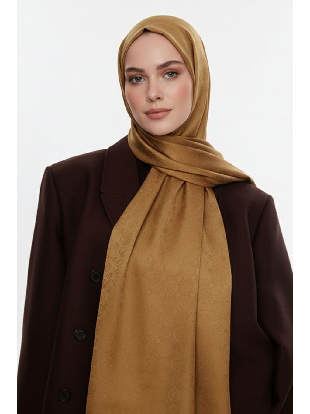 Kahverengi & YAQA Filigranlı Hardal Rengi Şal