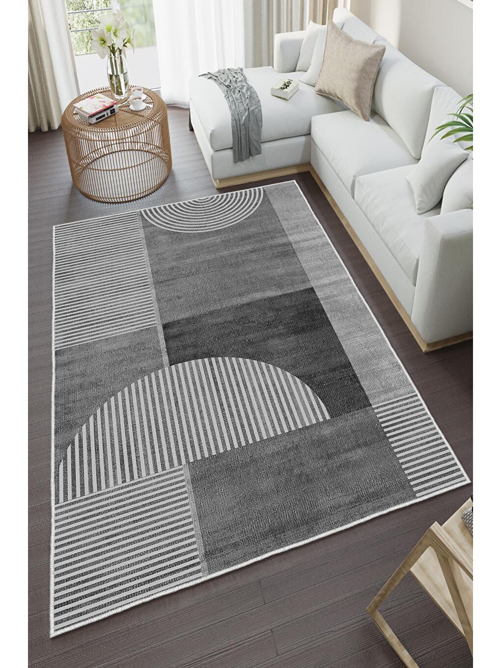 Gri Özel Tasarım, Kaymaz Taban, İnce, Yıkanabilir, Modern Halı WOOKECE1485 120x180-2