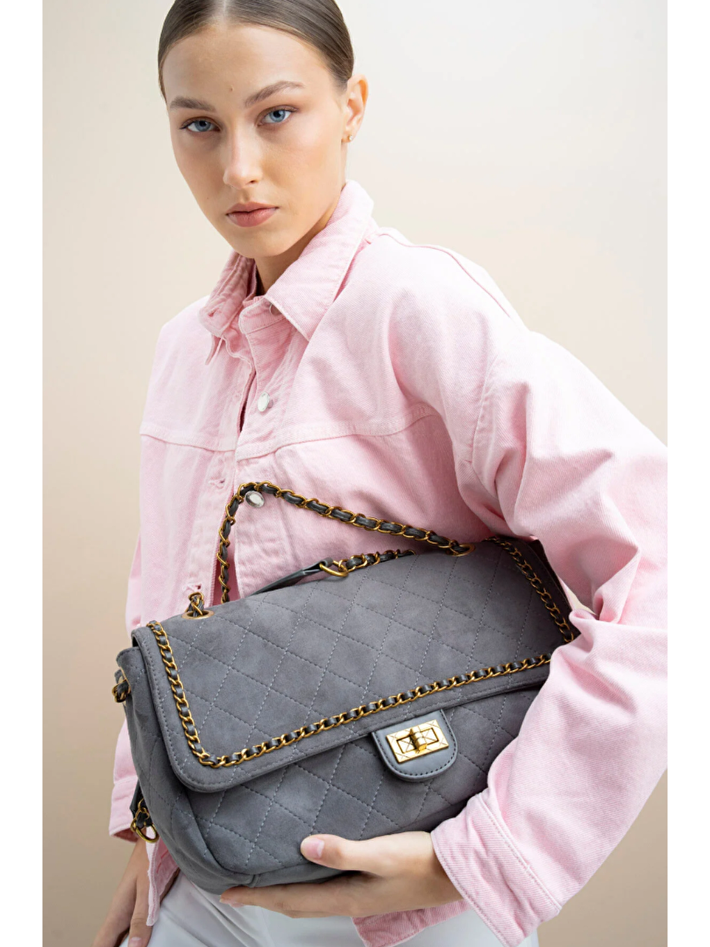 Gri Zincir Detaylı Kadın Omuz Çantası BYN1066-1