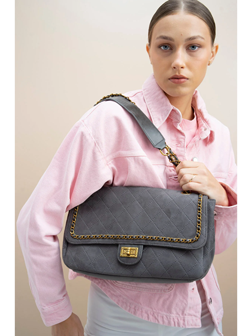 Gri Zincir Detaylı Kadın Omuz Çantası BYN1066-2