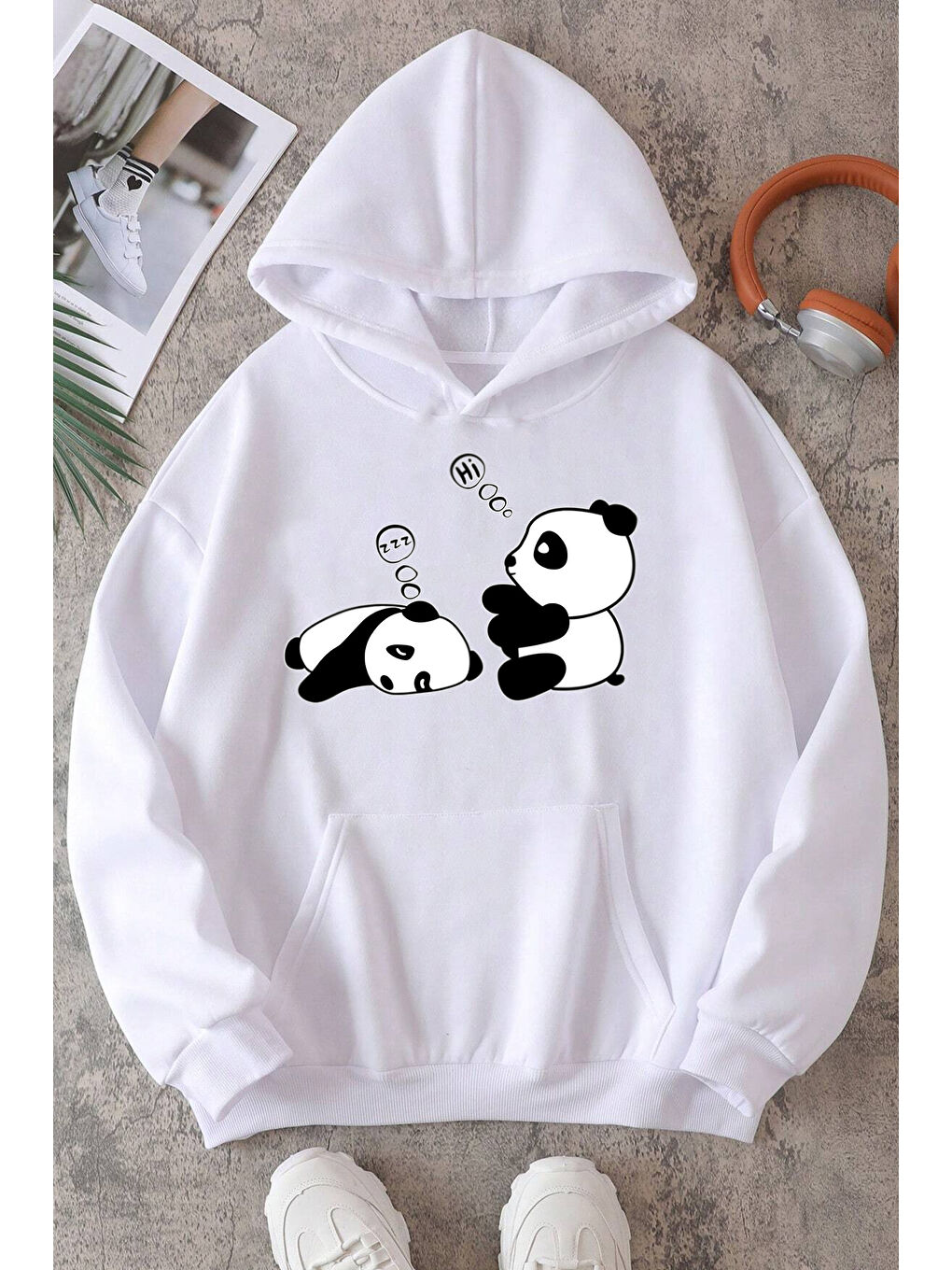 uyguntarz Beyaz Unisex Panda Baskılı Oversize Hoodie