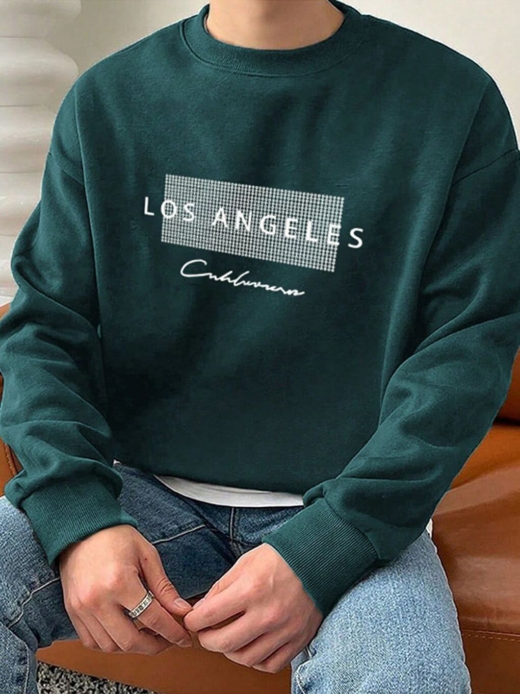 Erkek Nefti Yeşil Node Losangeles Baskılı Oversize Uzun Kollu Sweatshirt