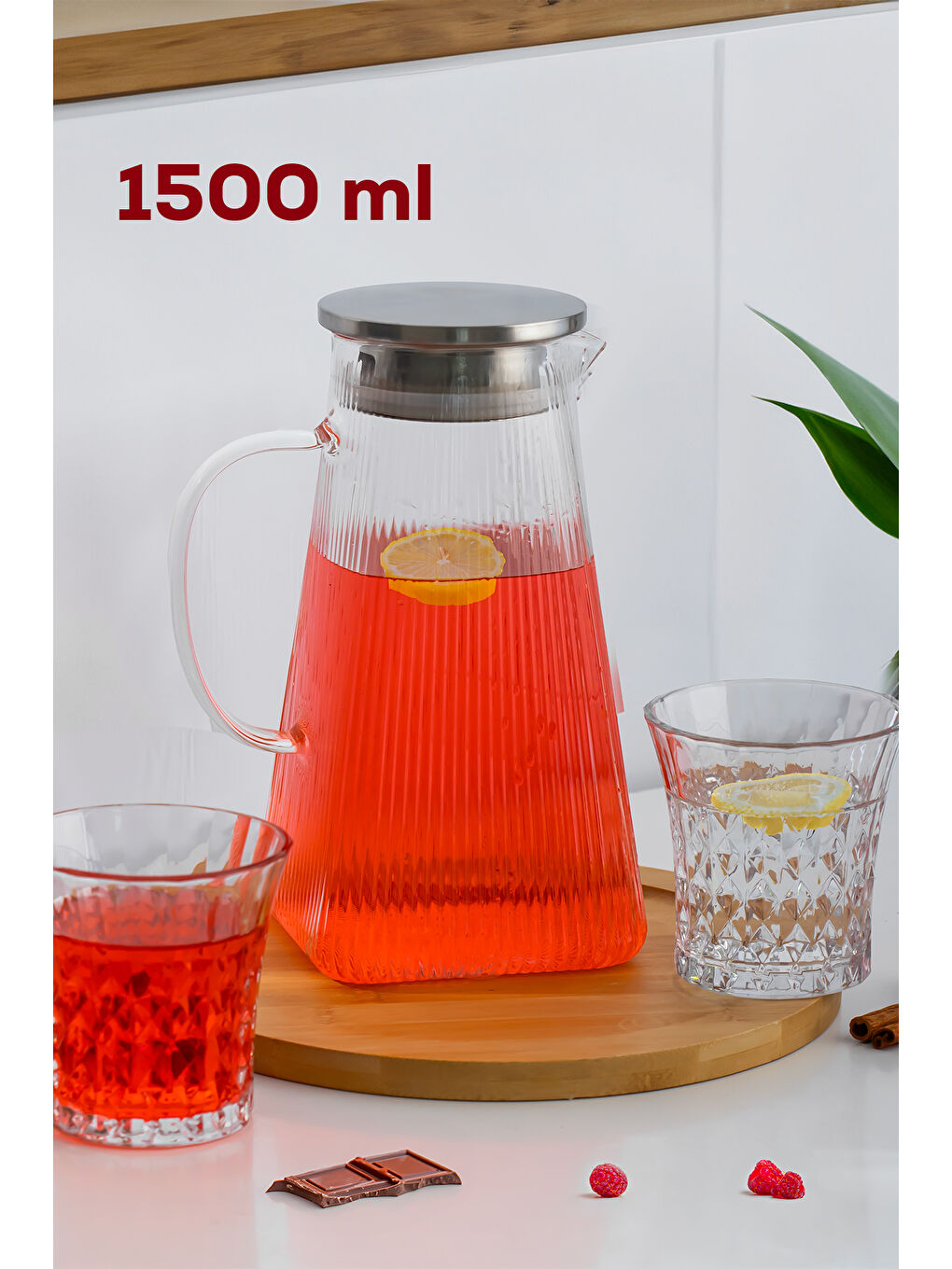 Porsima Şeffaf 15309 Borosilikat Cam Sürahi Metal Kapaklı Cam Karaf - Detoks Sürahi 1500 ML