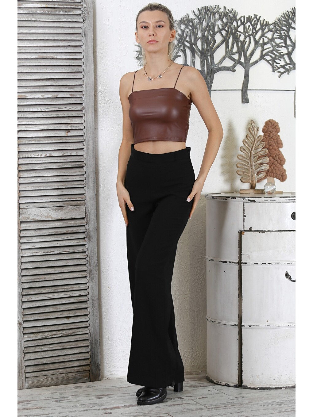Kahverengi Askılı Örme Crop-2