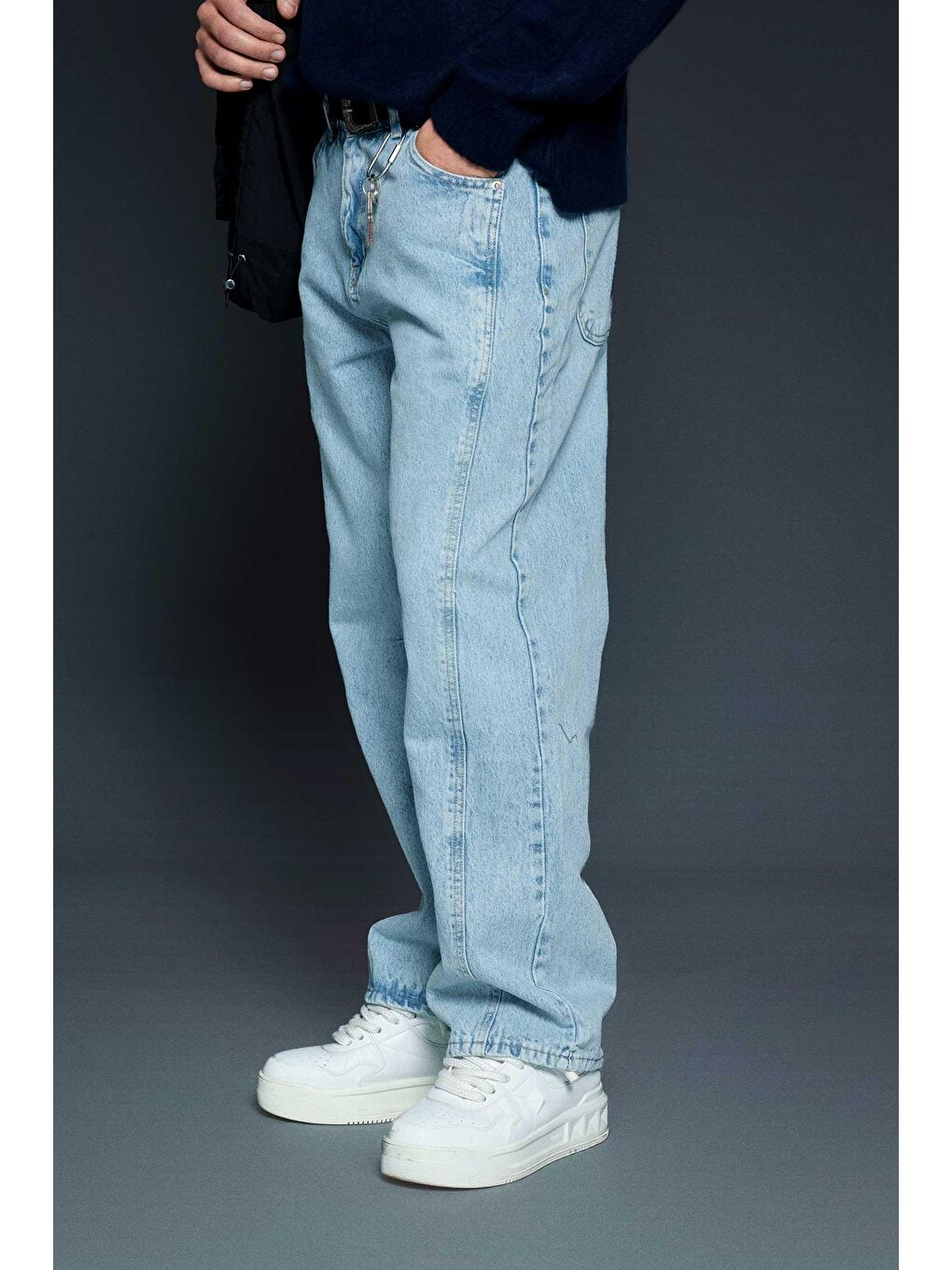 Erkek Baggy Fit Dikiş Detaylı Jean Pantolon Açık Mavi-1