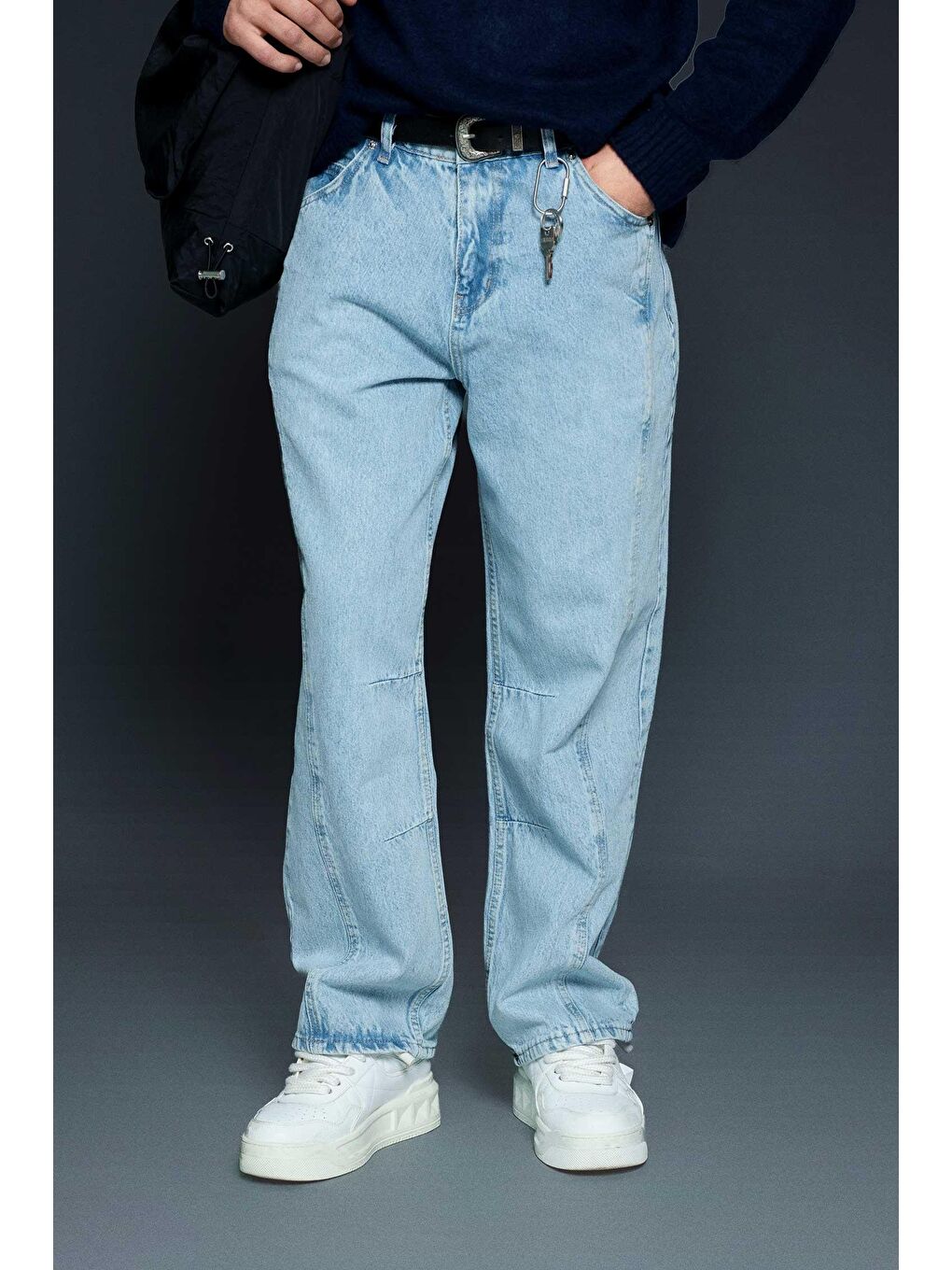 Erkek Baggy Fit Dikiş Detaylı Jean Pantolon Açık Mavi-2