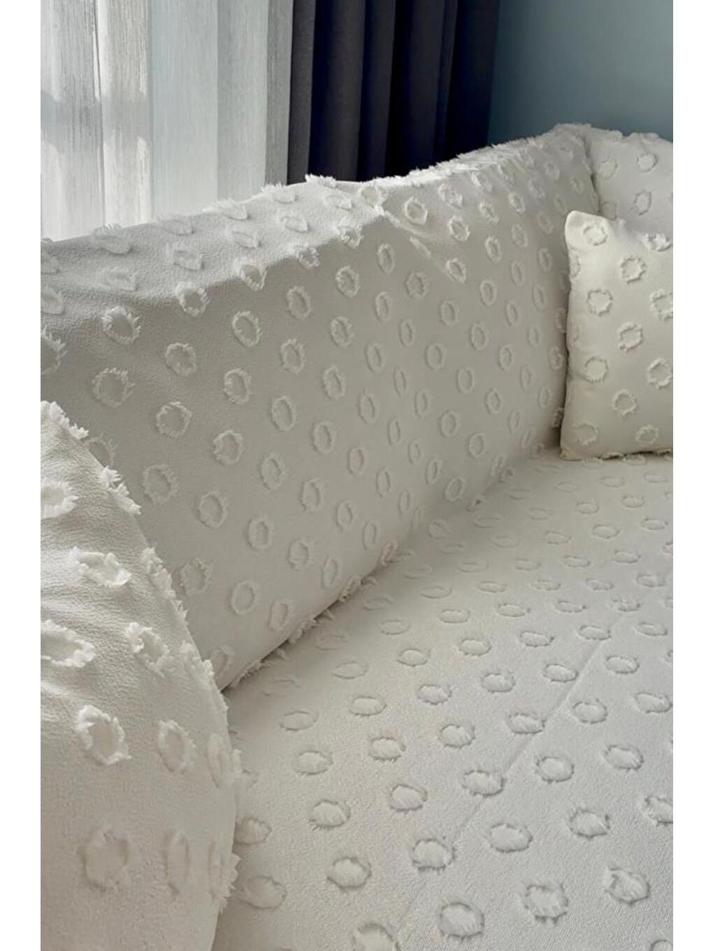 Ekru Konik Kırlent Kılıfı Hediyeli 170x210 cm Pamuklu Koltuk Örtüsü Krem