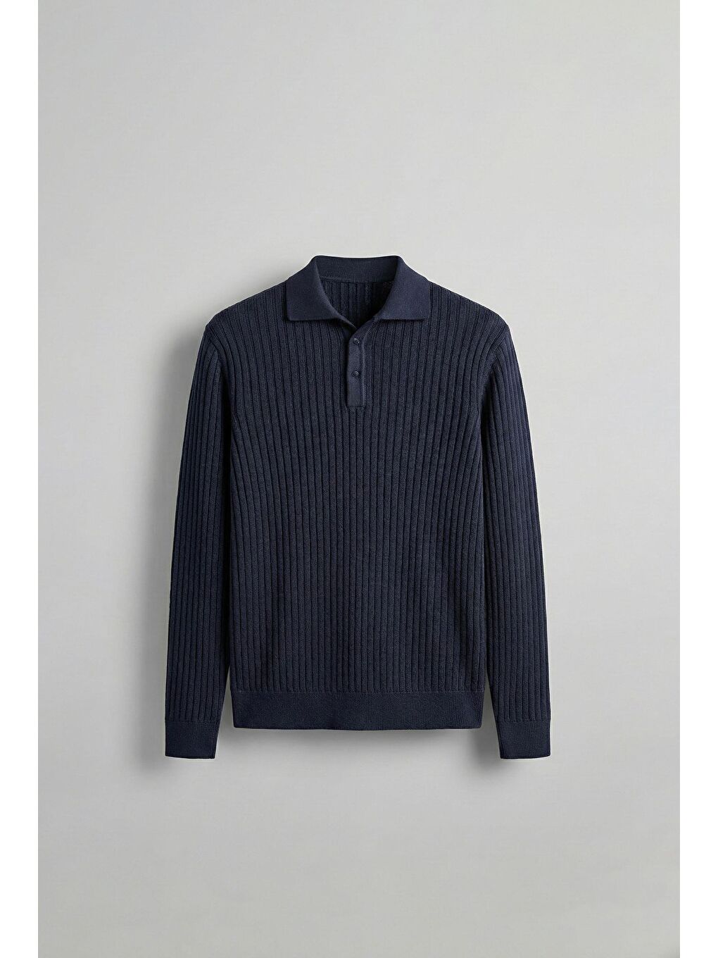 Erkek Slim Fit Polo Yaka Fitilli Örme Triko Kazak Lacivert