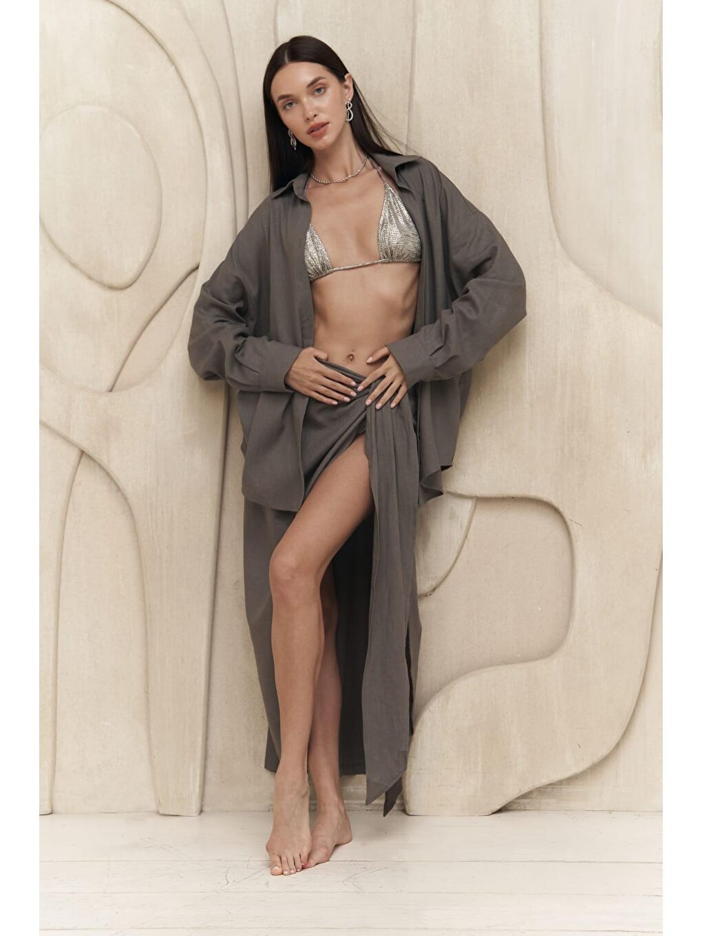 Charlotte Antrasit Oversize Keten Gömlek-1