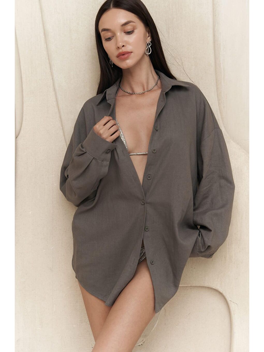 Charlotte Antrasit Oversize Keten Gömlek-2