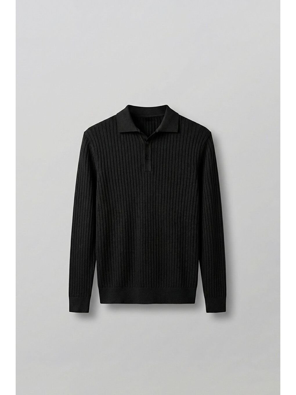 Erkek Slim Fit Polo Yaka Fitilli Örme Triko Kazak Siyah