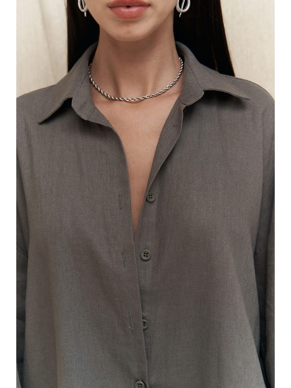 Charlotte Antrasit Oversize Keten Gömlek-4